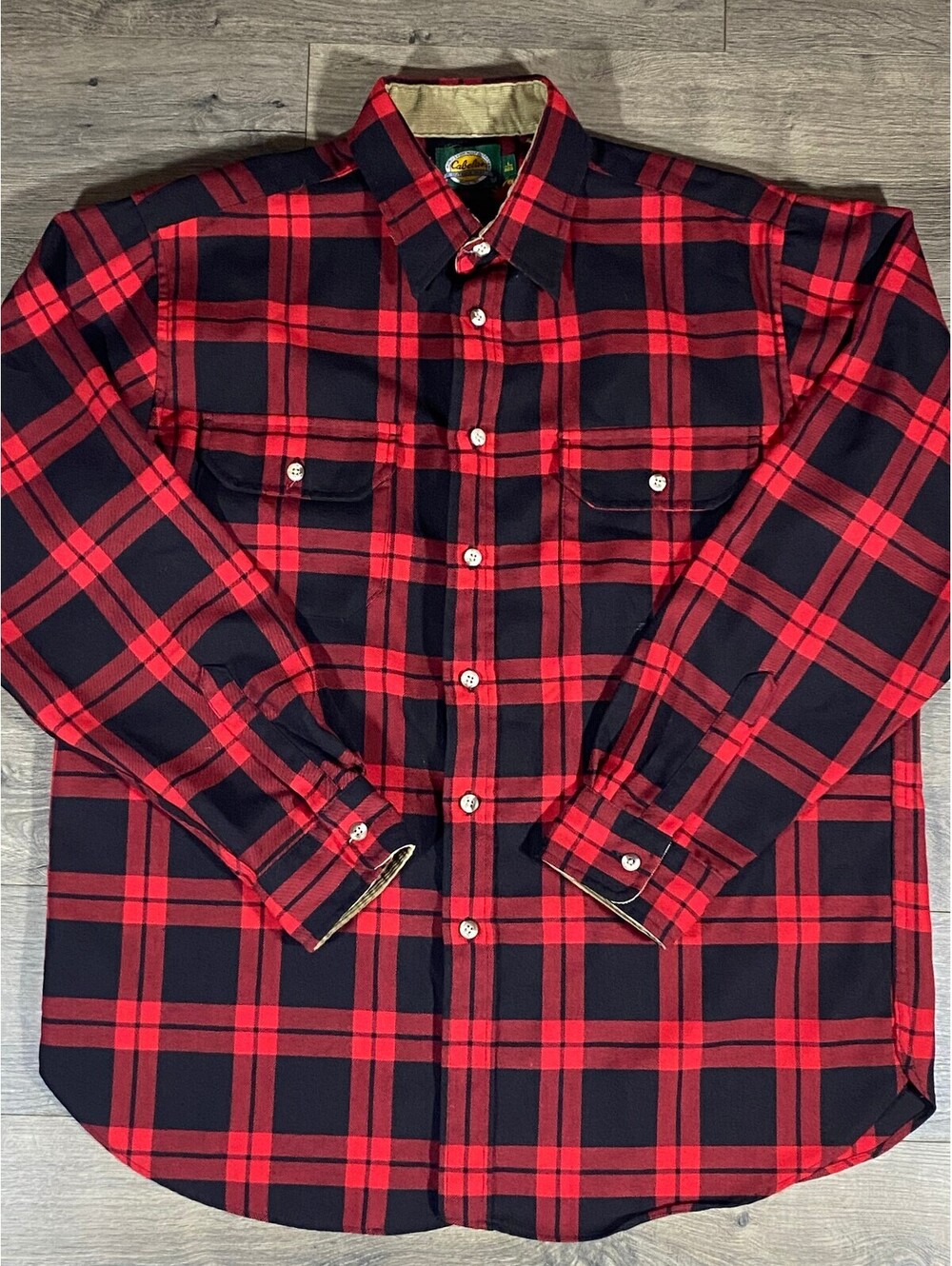 Vintage Cabelas Flannel Shirt Mens L Red Black Plaid Corduroy Collar 90s